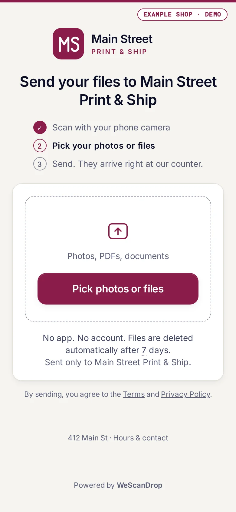 Customer page: Send your files to Main Street Print & Ship